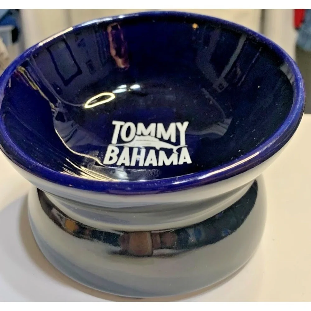 Tommy Bahama Small Pet Bowl Dish Raised Elevated Small‎ Stonewear Cobalt Blue